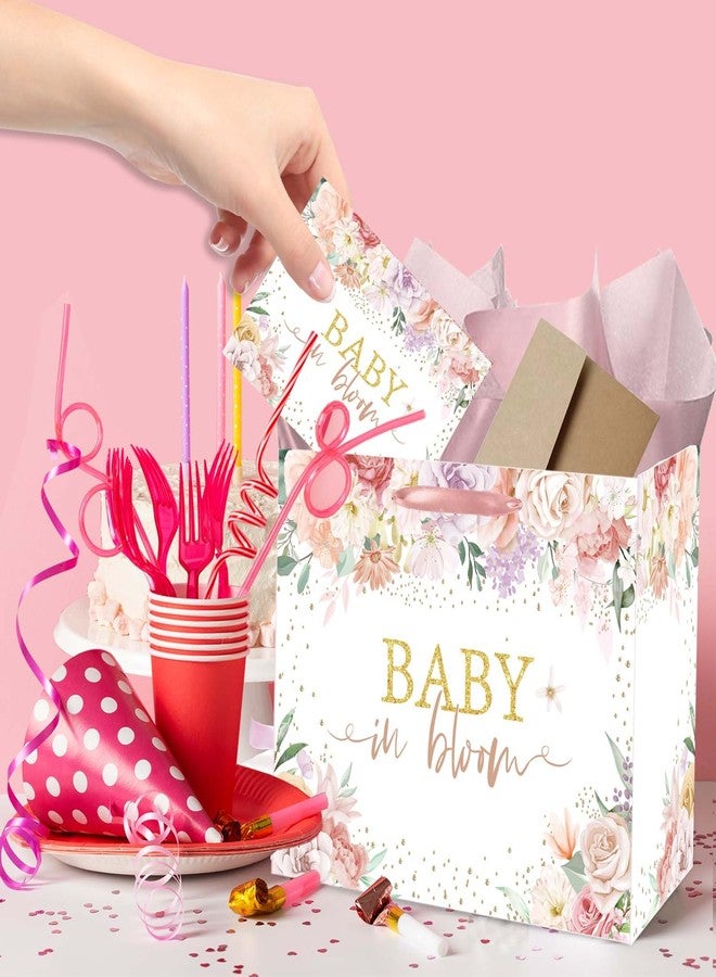 GOLDCROW Baby Gift Bag Large Floral Baby in Bloom Gift Bag with Tissue Paper and Card with Envelope for Baby Girl Gifts, Birthday Kids – Pink Baby Shower Wrapping Paper for Baby Shower Party Decorations - Image 3
